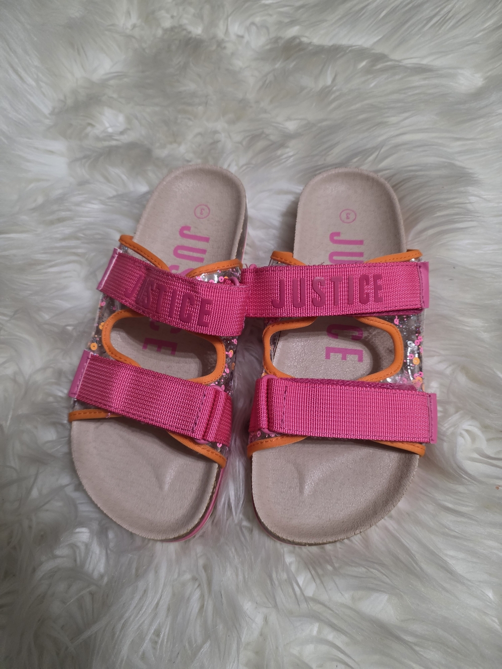 Justice Pink Glitter Hook-and-Loop Slide Sandals with Orange Trim